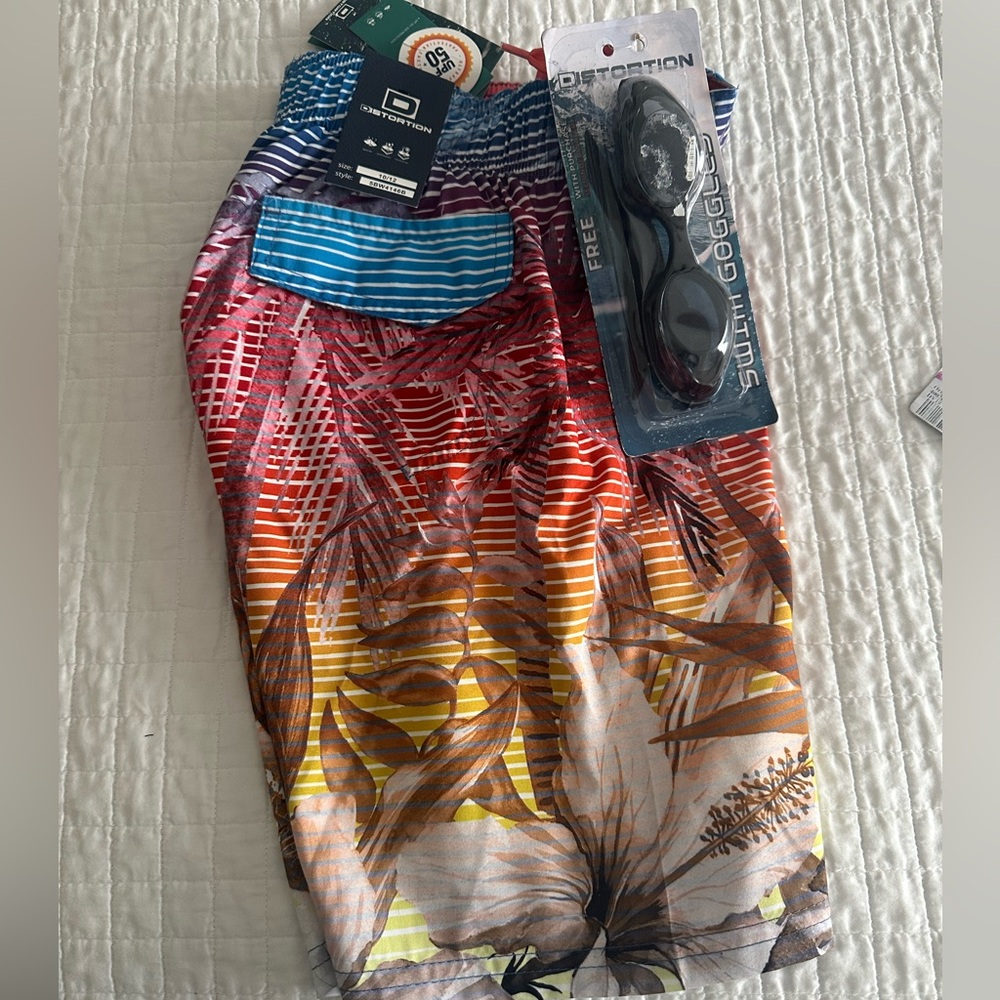 Distortion Board Shorts with swim googles. UPF 50 NWT